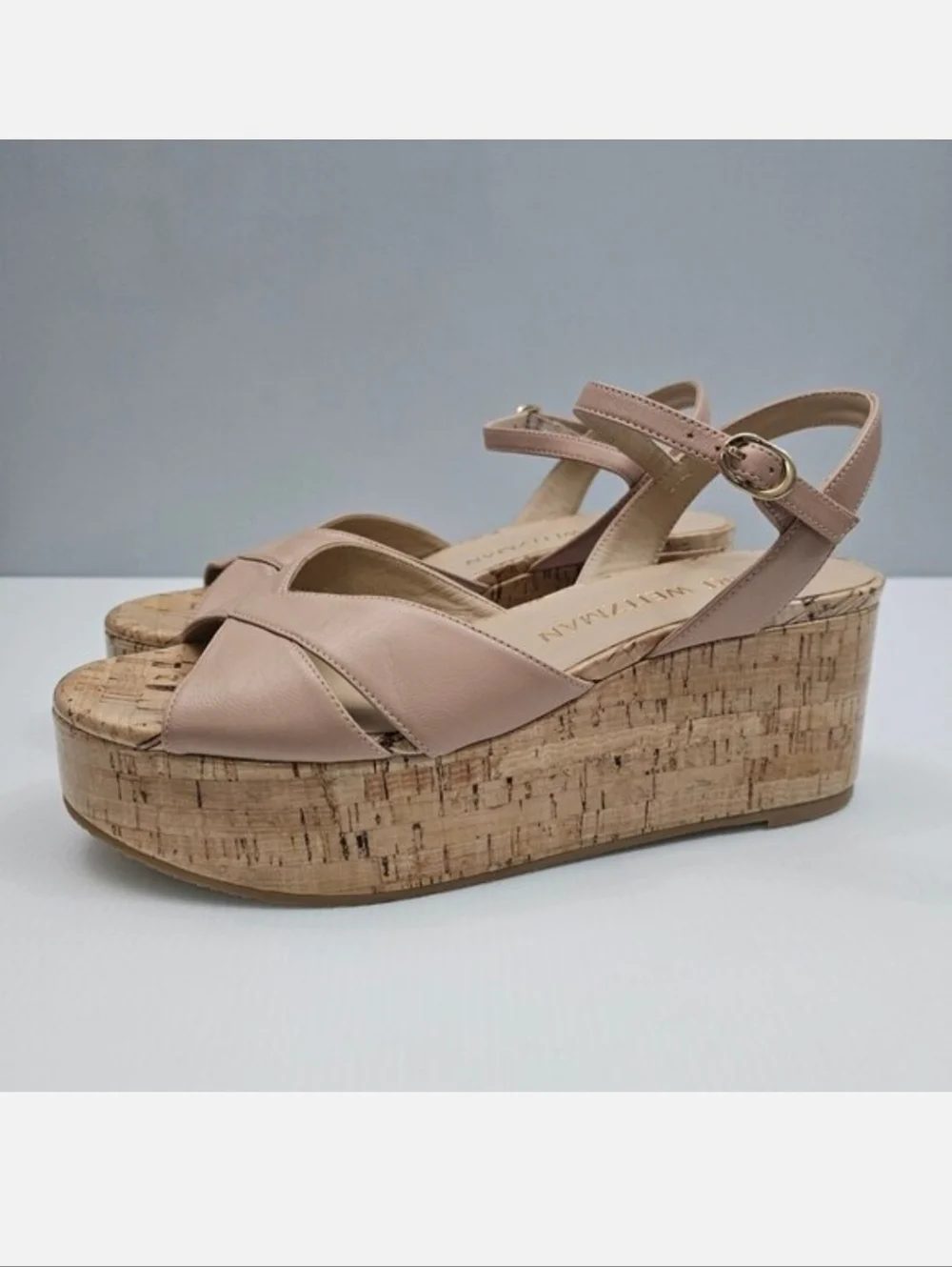 Stuart Weitzman Carmen Midi Wedge Sandal Womens 9.5 Beige Tan Platform Cork
